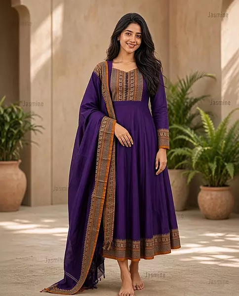 violet Narayanpet Cotton Dress Material with mustard yellow peacock border