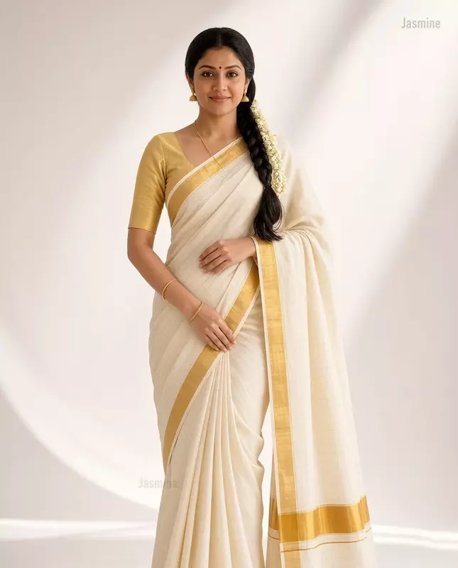 white cotton saree with mild checks and simple golden border