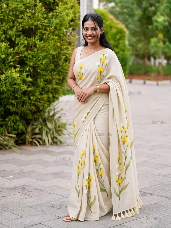Pearl white printed Mul Cotton saree with fine soft cotton texture