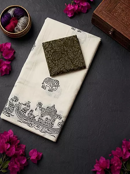pure white cotton saree with elephant prints and boat-design border