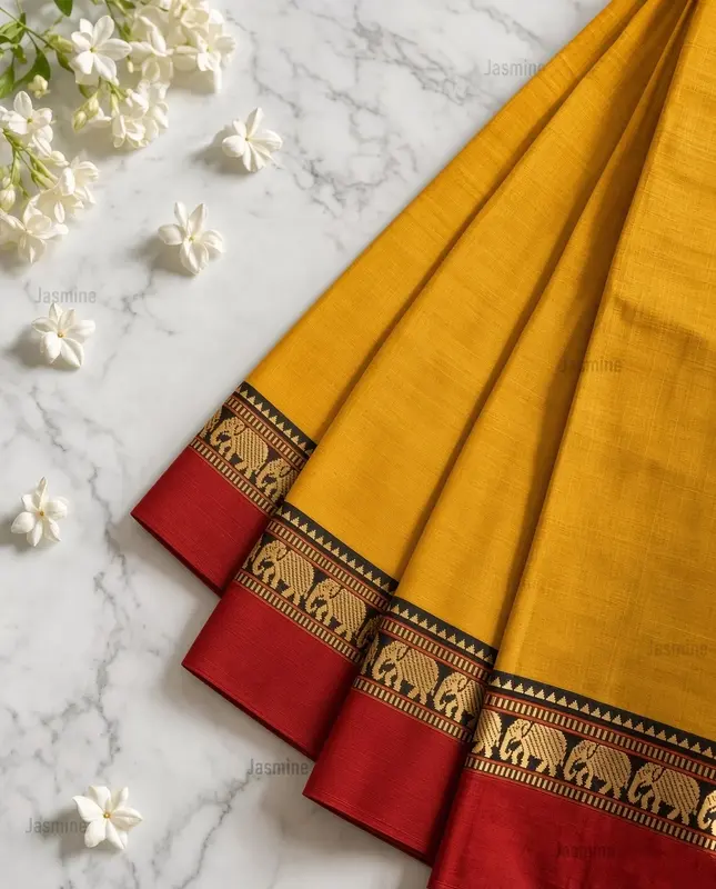 yellow Narayanpet cotton saree with red elephant thread-woven border