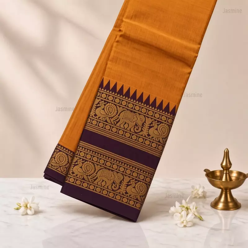 Rust orange Narayanpet cotton saree with elephant and peacock motifs