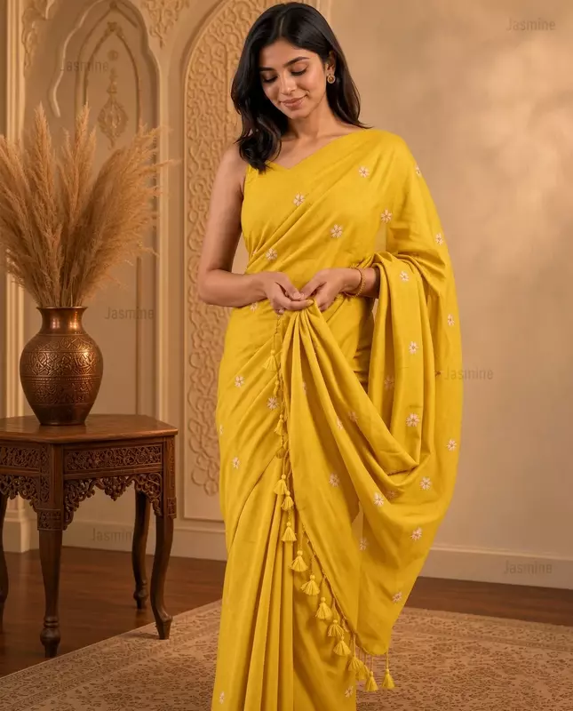 Yellow Khadi cotton saree with small woven embroidery