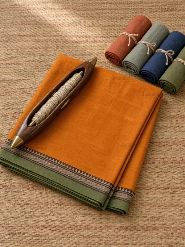 Yellow plain Narayanpet cotton saree with simple green border