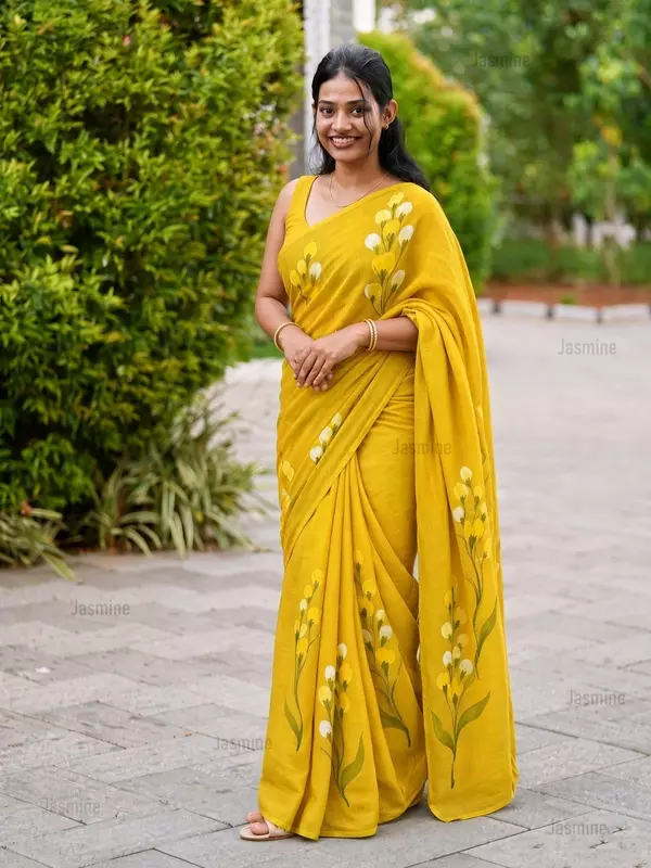 Yellow printed Mul Cotton saree with fine soft cotton texture