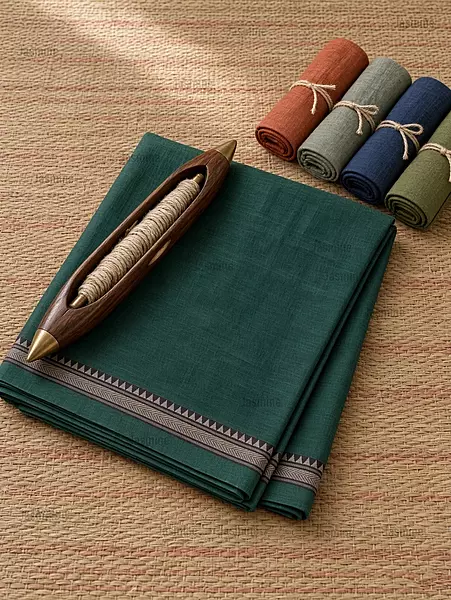 Green plain Narayanpet cotton saree with simple self border