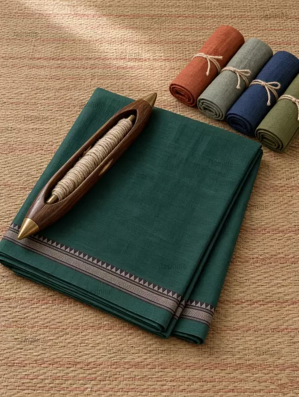 Green plain Narayanpet cotton saree with simple self border