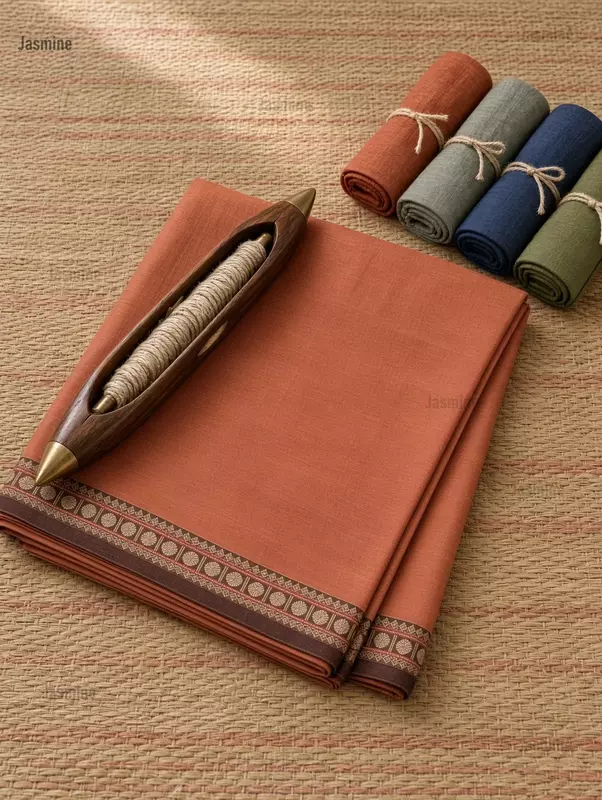 terracotta orange Narayanpet cotton saree with dark brown Rudraksha border