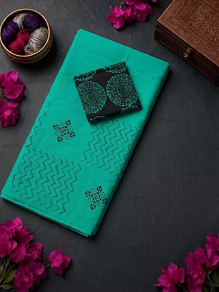 jade teal cotton saree with simple prints and Kalamkari blouse