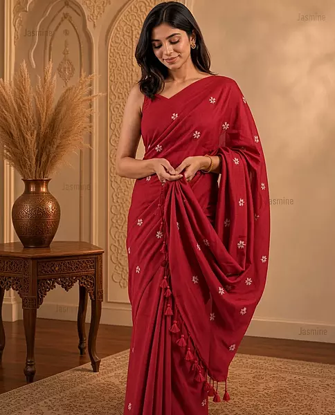 Maroon Khadi cotton saree with small woven embroidery