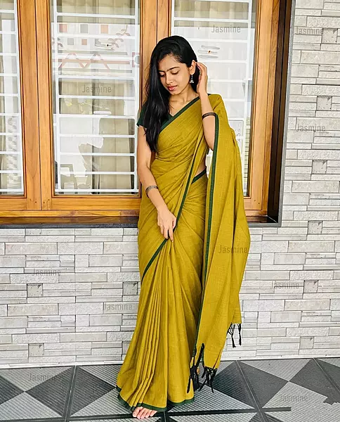 Antique mustard Mul Cotton saree for daily and office wear