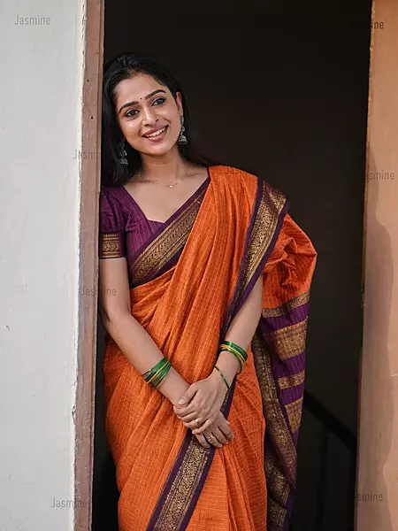 Orange and purple Gadwal cotton silk saree with contrast blouse
