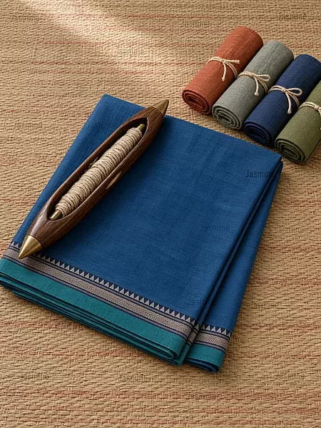 Peacock blue plain mercerised cotton saree for office and casual wear