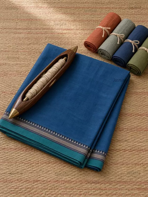 Peacock blue plain mercerised cotton saree for office and casual wear