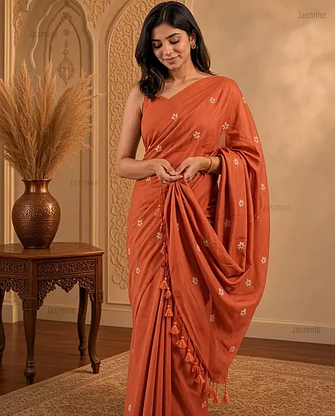 Rust Red Khadi cotton saree with small woven embroidery
