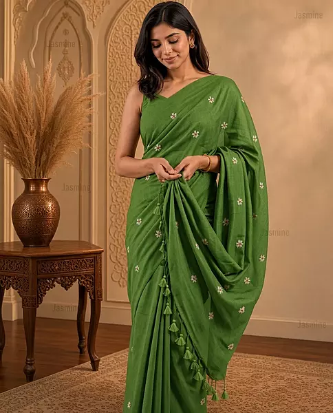 Olive Green Khadi cotton saree with small woven embroidery