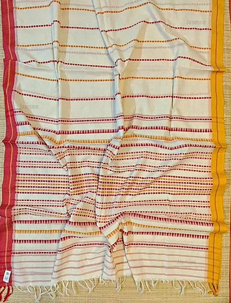 authentic handloom white Khadi cotton saree with red and yellow borders