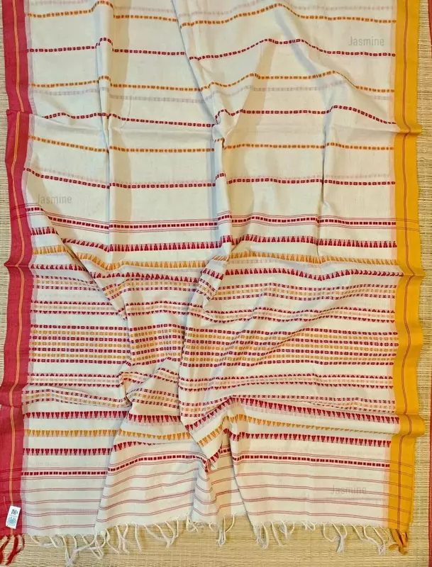 authentic handloom white Khadi cotton saree with red and yellow borders