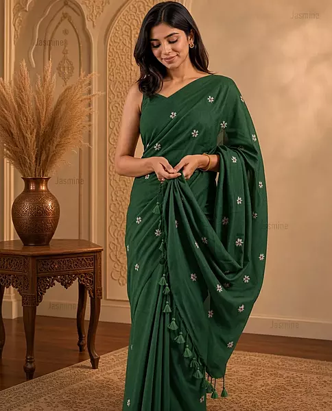 Emerald Green Khadi cotton saree with small woven embroidery