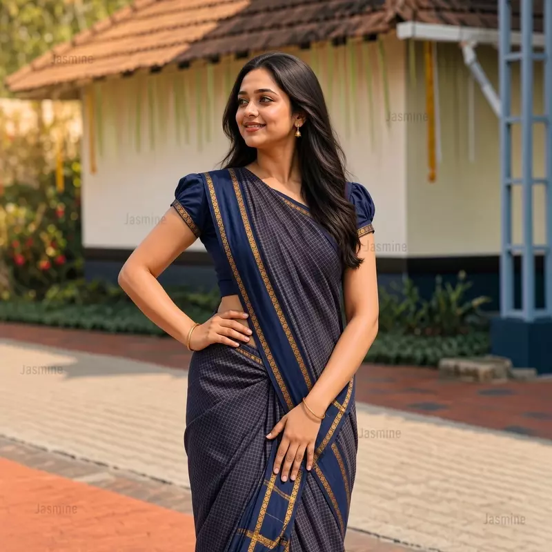 Navy blue Gadwal cotton silk saree with self border