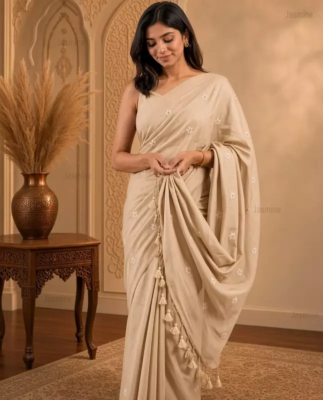 Antique Beige Khadi cotton saree with small woven embroidery