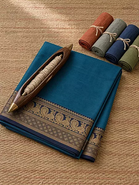 peacock blue Narayanpet cotton saree with zari self border