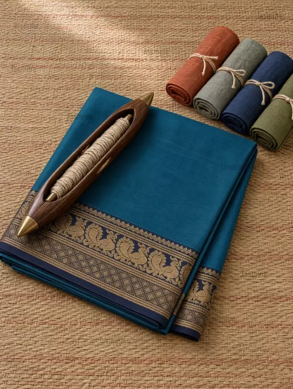 peacock blue Narayanpet cotton saree with zari self border