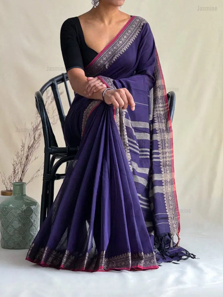 Violet Narayanpet cotton saree with small maroon contrast border