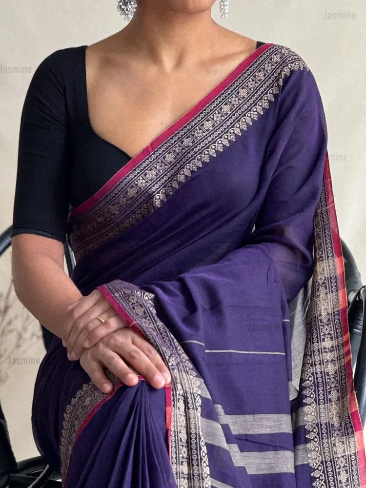 violet Narayanpet cotton saree with maroon thread-woven border