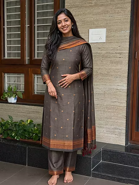 ash grey Narayanpet cotton dress material with black and golden zari border