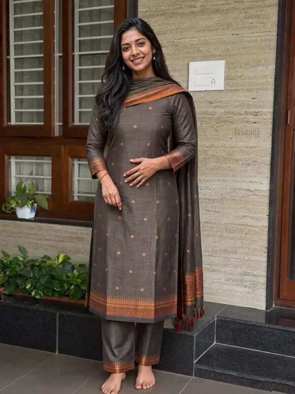 ash grey Narayanpet cotton dress material with black and golden zari border