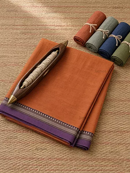 Orange plain Narayanpet cotton saree with simple purple border