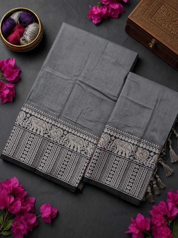 ash grey Narayanpet cotton salwar material with black elephant border