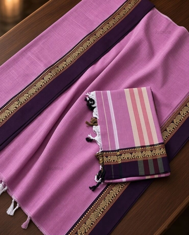 Baby Pink Narayanpet dress material with small elephant design border and dupatta