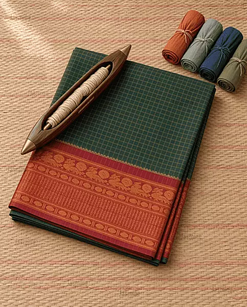 green Narayanpet Cotton checks saree with maroon peacock zari border