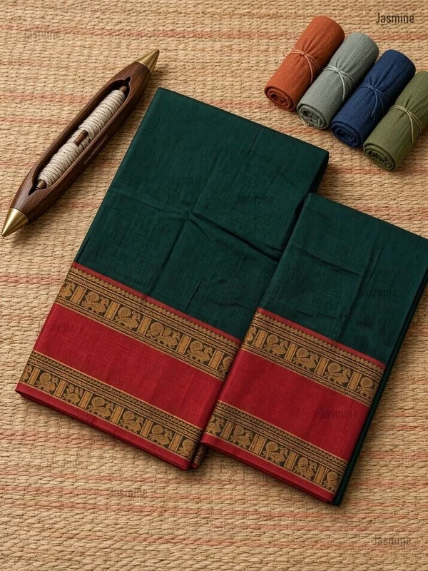 Bottle green 120 thread count Narayanpet saree with red zari border