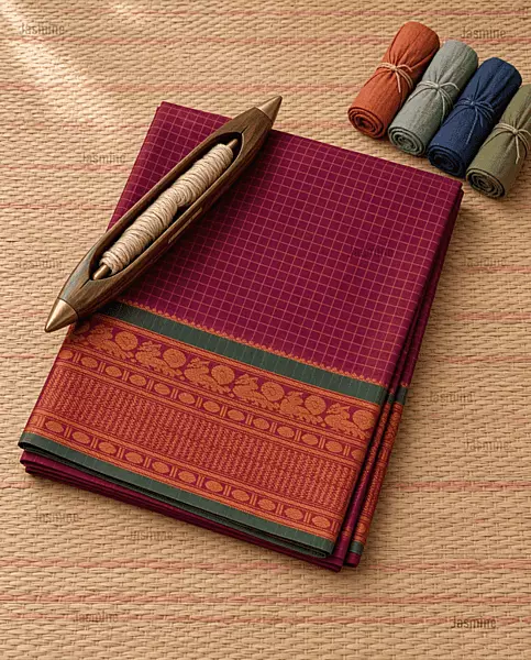 Sirivennela magenta Narayanpet Cotton checks saree with green peacock zari border