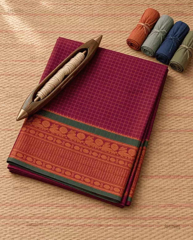 Sirivennela magenta Narayanpet Cotton checks saree with green peacock zari border