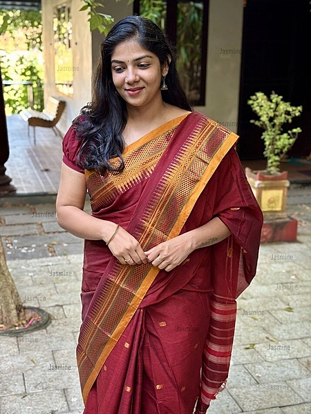 maroon Narayanpet Cotton saree with mustard yellow zari border