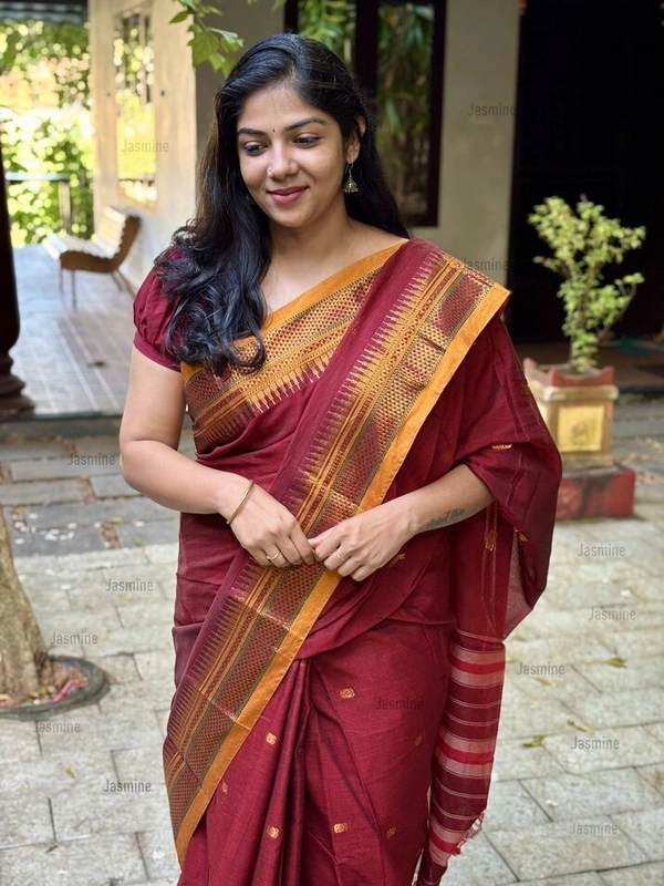 maroon Narayanpet Cotton saree with mustard yellow zari border