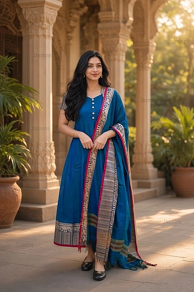 Peacock Blue Narayanpet cotton dress material with elephant thread-woven border