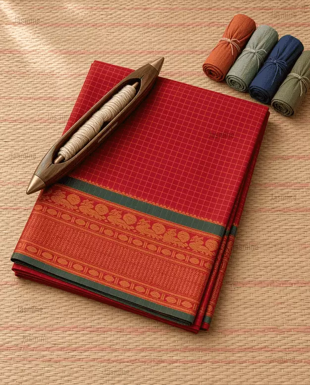 red Narayanpet Cotton checks saree with green peacock zari border
