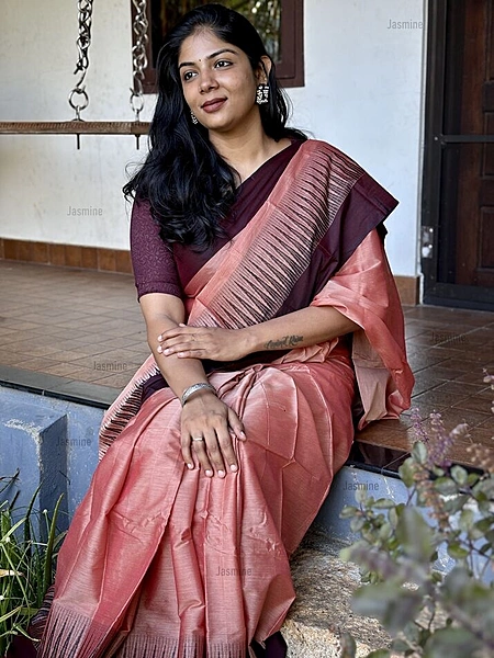 Dusty rose Narayanpet handloom cotton saree with brown spike design border