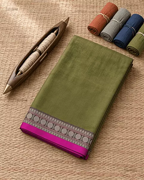 mehndi green Narayanpet cotton saree with pink Rudraksha border