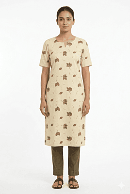 Cream Cotton Leaf Print Kurti for Women – Straight Fit Casual Wear (Kurti)