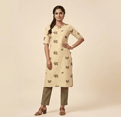 Cream Cotton Leaf Print Kurti for Women – Straight Fit Casual Wear (Kurti)