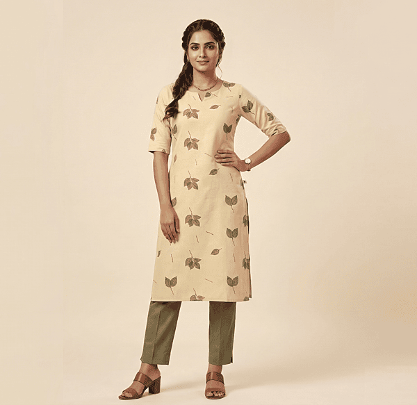 Cream Cotton Leaf Print Kurti for Women – Straight Fit Casual Wear (Kurti)