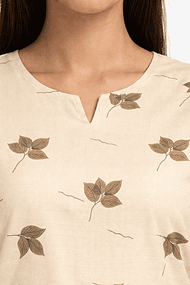 Cream Cotton Leaf Print Kurti for Women – Straight Fit Casual Wear (Kurti)