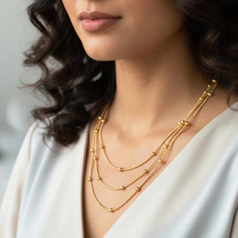 KAYYA21 Elegant Layered Gold Beaded Chain Necklace – Polished Finish | Anti-Tarnish | Pack of 1