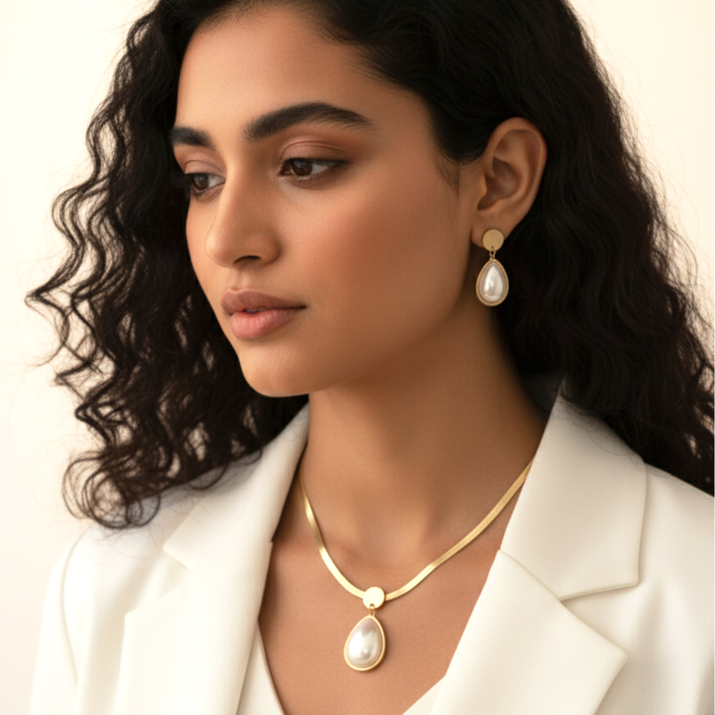 KAYYA21 Gold Plated Pearl Drop Pendant Necklace Set – Minimal & Lightweight | Pack of 1